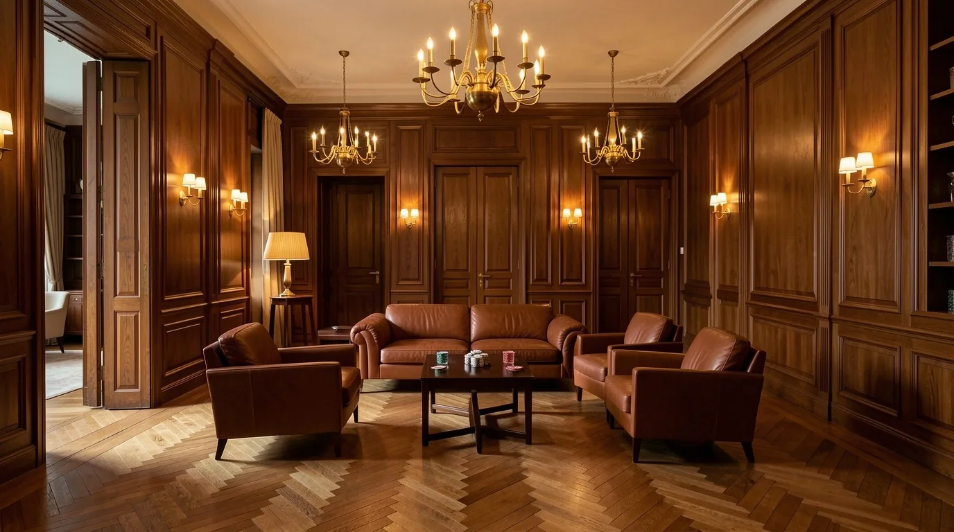 Salon d'accueil avec boiseries nobles et mobilier contemporain au 45 Rue de la Paix