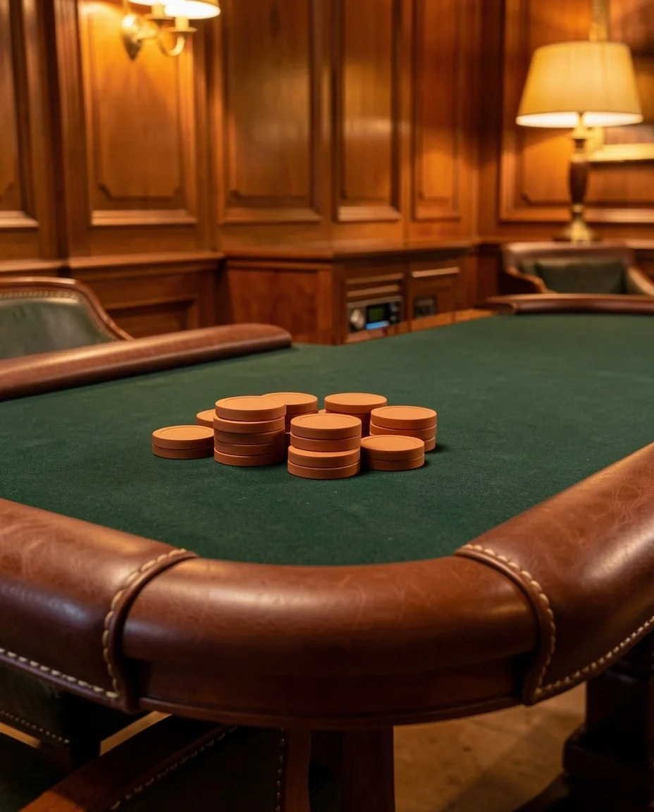 Table de jeu en feutre vert et cuir capitonné au sein du salon Lanor Hall