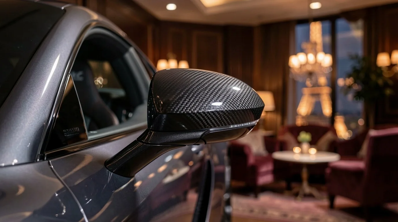 Détail aérodynamique d'une supercar présentée au salon automobile Lanor Hall